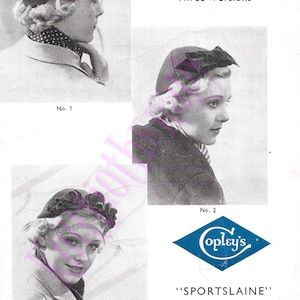 May include: A vintage knitting pattern leaflet for a skull cap, featuring three different styles. The leaflet is titled "The Skull Cap" and includes instructions for knitting the cap using "Sportslaine" wool. The leaflet is from Copley-Smith & Sons Ltd., Manchester and London.
