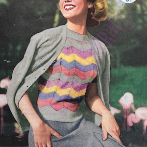 May include: A knitting pattern for a grey and multi-colored chevron sweater. The pattern is called "Morning Haze" and is made with Munros spun yarn. The pattern is for a size 35/36 inches.