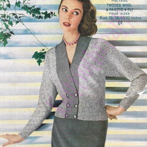 May include: A vintage knitting pattern featuring a woman wearing a gray cardigan with a double-breasted button closure. The pattern is for Sirdar No. 1532, using Twedex wool and Majestic 4 ply yarn. The pattern is for four sizes: 36, 38, 40, and 42 inches.