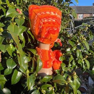 Può includere: Set di cappello e sciarpa in maglia arancione e bianco. Il cappello è in stile pixie con una lunga cravatta. La sciarpa è di forma rettangolare.