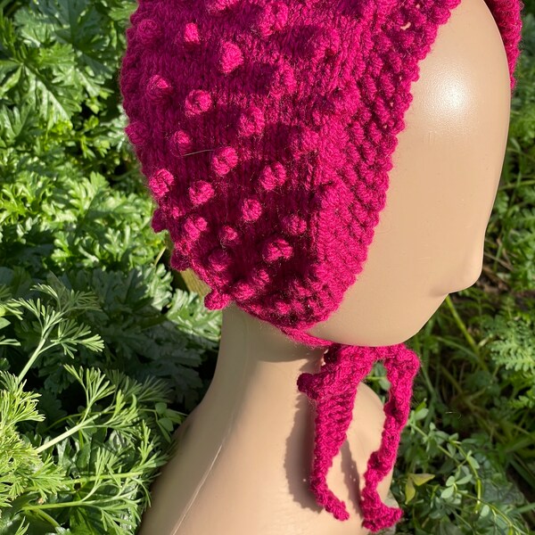 Vintage style hand knitted popcorn headband. Magenta