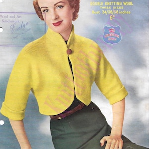 May include: A yellow knitted cropped cardigan with a high collar and three-quarter sleeves. The cardigan is shown on a model with a green skirt and a brown belt. The text on the image reads "Sirdar No. 1441 Double Knitting Wool Three Sizes Bust 34/36/38 inches 6° Coronation Series".