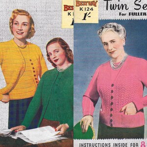 May include: A vintage knitting pattern for a twin set of cardigans. The pattern is for a yellow cardigan and a green cardigan. The pattern is from Bestway and is number K124. The pattern costs 1/-.