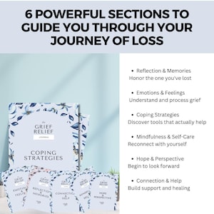 May include: A blue and white journal titled "The Grief Relief Journal" with the words "Coping Strategies" in a larger font. The journal is divided into six sections: Emotions & Feelings, Reflection & Memories, Connection & Help, Mindfulness & Self-Care, Hope & Perspective, and Coping Strategies.