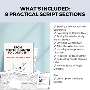 May include: A document titled From People Pleasing to Confident Assertive Language Scripts featuring stick figure illustrations. It includes nine practical script sections with checkmarks covering topics like setting boundaries and saying no.