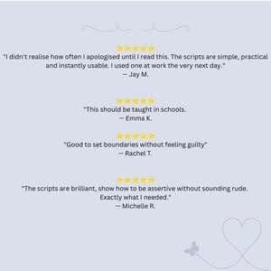 May include: A light blue graphic featuring four five-star reviews. The text includes testimonials from Jay M., Emma K., Rachel T., and Michelle R. praising practical scripts for setting boundaries, with a small butterfly and heart outline at the bottom.