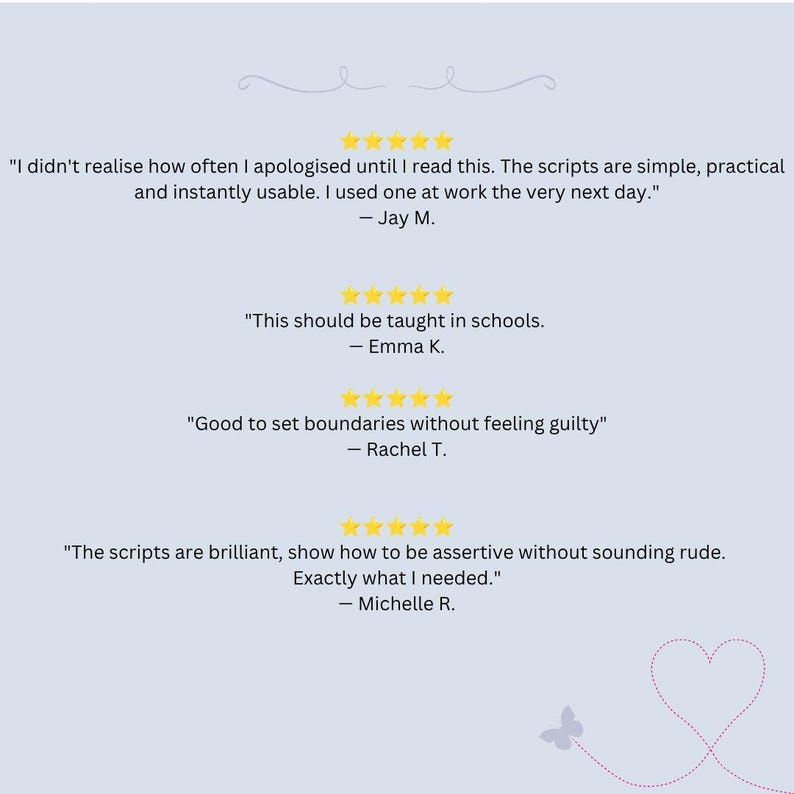 May include: A light blue graphic featuring four five-star reviews. The text includes testimonials from Jay M., Emma K., Rachel T., and Michelle R. praising practical scripts for setting boundaries, with a small butterfly and heart outline at the bottom.