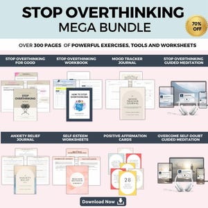 Overthinking Mega Bundle: Self Care Planner, Mental Health Habit Tracker (Digital Download)