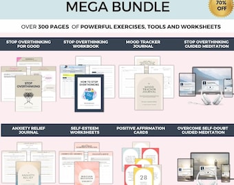 Overthinking Mega Bundle: 300+ Pages of Worksheets, Exercises & Guides to Stop Overthinking | Self Care Planner, Mental Health Habit Tracker