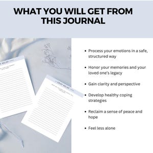 May include: A white and blue journal with the text "GRIEF RELIEF" on the cover. The journal is open to a page with lined paper. The text "WHAT YOU WILL GET FROM THIS JOURNAL" is at the top of the image. A list of benefits of using the journal is listed on the right side of the image.
