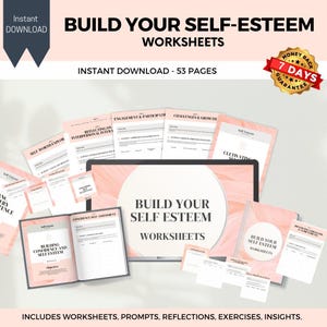 Self-Esteem Building Worksheets, printable confidence building, self-worth, inner critic, self-sabotage, self-care workbook, teen girls
