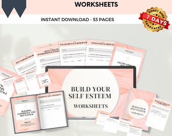 Può includere: Un download digitale di 53 fogli di lavoro stampabili per aiutare a costruire l'autostima. I fogli di lavoro sono progettati con uno schema di colori rosa e bianco e presentano il testo "Build Your Self-Esteem Worksheets".