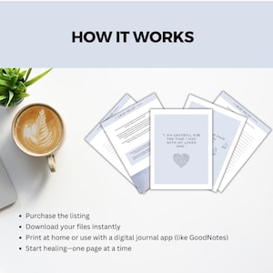 May include: A digital printable grief journal with a blue and white watercolor background. The journal includes prompts for processing grief and healing. The text on the page reads "I am grateful for the time I had with my loved one."