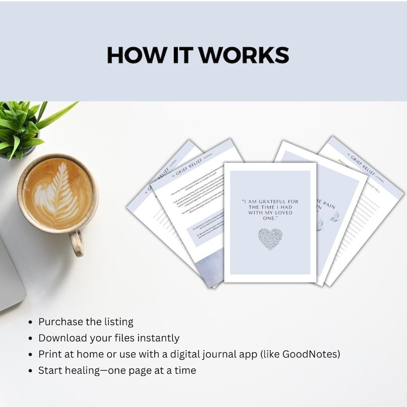 May include: A digital printable grief journal with a blue and white watercolor background. The journal includes prompts for processing grief and healing. The text on the page reads "I am grateful for the time I had with my loved one."
