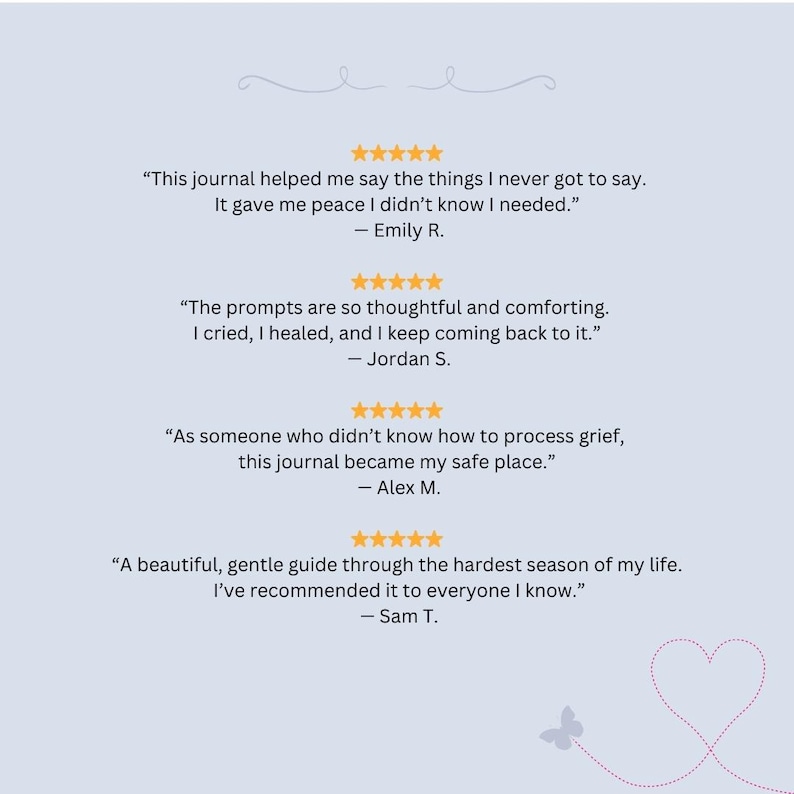 May include: A collection of customer testimonials about a journal. The text highlights the journal's ability to help people process grief, heal, and find peace. The testimonials are accompanied by five-star ratings.