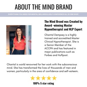May include: An informational graphic titled ABOUT THE MIND BRAND featuring a photograph of a person in a red top. Text details the credentials of Chantal Dempsey, a Master Hypnotherapist and NLP Expert, and highlights a 100% 5 star rating with five yellow stars.
