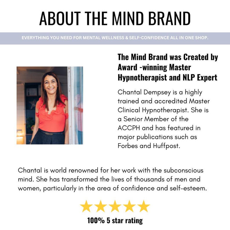May include: An informational graphic titled ABOUT THE MIND BRAND featuring a photograph of a person in a red top. Text details the credentials of Chantal Dempsey, a Master Hypnotherapist and NLP Expert, and highlights a 100% 5 star rating with five yellow stars.