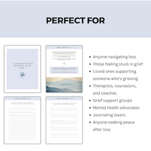 May include: A blue and white printable grief journal with the text "I choose to find meaning in my loss." and "Grief Relief" on the cover. The journal is perfect for anyone navigating loss, grief support groups, and mental health advocates.