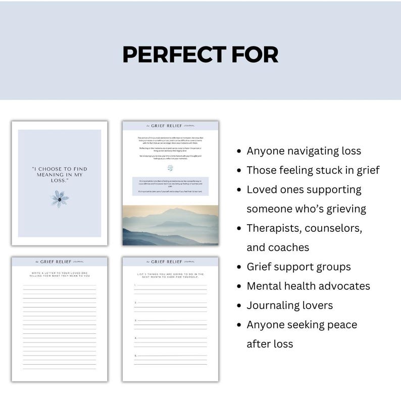 May include: A blue and white printable grief journal with the text "I choose to find meaning in my loss." and "Grief Relief" on the cover. The journal is perfect for anyone navigating loss, grief support groups, and mental health advocates.