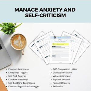 K&ouml;nnte beinhalten: Ein druckbares Arbeitsblatt mit dem Titel "Emotionale Regulierung und Selbstmitgef&uuml;hl-Arbeitsblatt" mit Abschnitten f&uuml;r Selbstreflexion und Tagebuchf&uuml;hrung. Das Arbeitsblatt soll helfen, Angst und Selbstkritik zu bew&auml;ltigen.