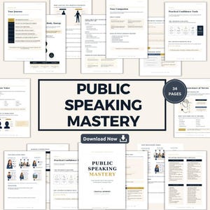 Könnte beinhalten: Eine Sammlung von 34 Seiten digitaler Dokumente mit dem Titel Public Speaking Mastery, die lehrreiche Texte, Diagramme und Checklisten in Schwarz, Weiß und Beige enthalten. Das zentrale Dokument enthält den Text Download Now mit einem Pfeilsymbol.