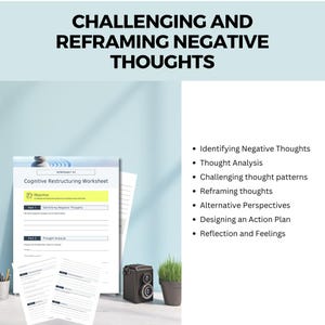 K&ouml;nnte beinhalten: Ein Arbeitsblatt mit dem Titel "Cognitive Restructuring Worksheet" mit einem gelben Feld mit der Bezeichnung "Objective" und Abschnitten mit den Titeln "Identifying Negative Thoughts" und "Thought Analysis". Das Arbeitsblatt soll Menschen helfen, negative Gedanken in Frage zu stellen und neu zu formulieren.