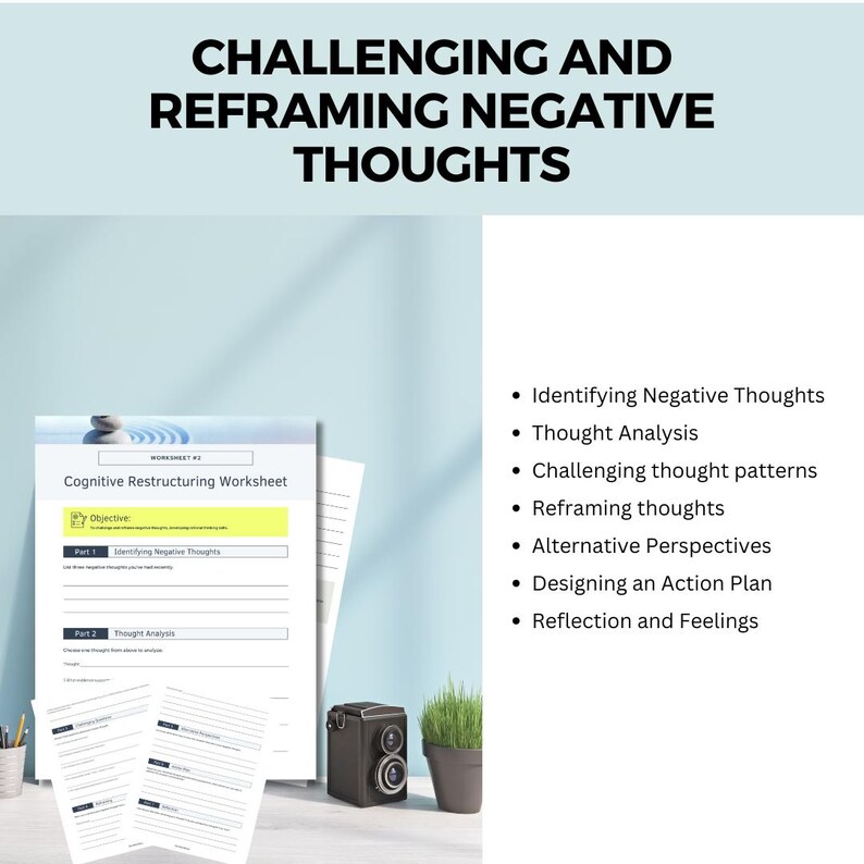 K&ouml;nnte beinhalten: Ein Arbeitsblatt mit dem Titel "Cognitive Restructuring Worksheet" mit einem gelben Feld mit der Bezeichnung "Objective" und Abschnitten mit den Titeln "Identifying Negative Thoughts" und "Thought Analysis". Das Arbeitsblatt soll Menschen helfen, negative Gedanken in Frage zu stellen und neu zu formulieren.
