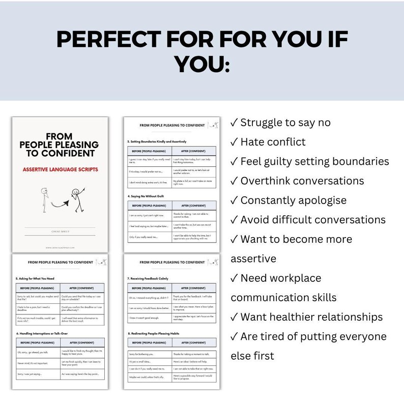 May include: A digital document titled From People Pleasing to Confident Assertive Language Scripts. It includes a list of checkmarks for those who struggle to say no, hate conflict, feel guilty setting boundaries, or want better communication skills.