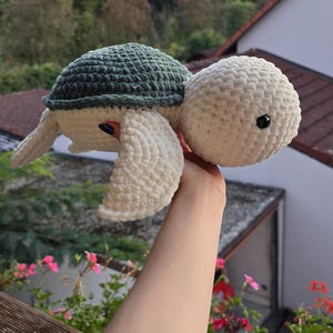 Könnte beinhalten: Ein gehäkeltes Schildkrötenspielzeug mit einer grünen Schale und einem weißen Körper. Das Spielzeug hat schwarze Augen und einen kleinen Mund.