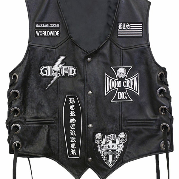 Mens Black Label Society Zakk Wylde BLS Patches Costume Cosplay Genuine Leather Vest