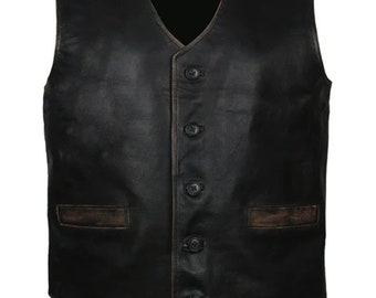 Mens Vintage Skull and Crossbones Distressed Black Motorcycle Biker Genuine Leather Biker Vest