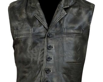 Mens Hell Cullen Bohannon Anson Mount Distressed Black Motorcycle Biker Genuine Leather Biker Vest