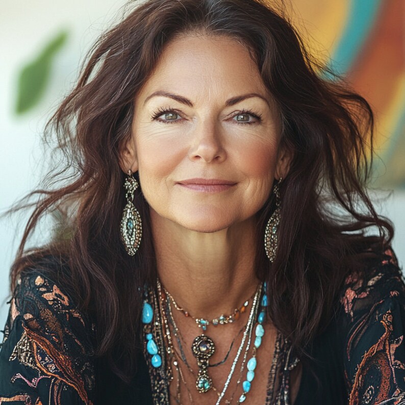 May include: A woman with long brown hair wearing a black and brown patterned blouse with multiple silver and turquoise necklaces. She is wearing large silver earrings.