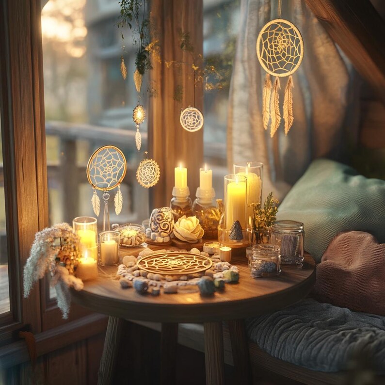 May include: A wooden table with a variety of items, including candles, dreamcatchers, and crystals. The table is set in a cozy room with a window in the background.