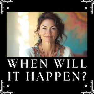 May include: A woman with brown hair and brown eyes looks directly at the camera. She is wearing a white top with a colorful pattern and a silver necklace. The text "WHEN WILL IT HAPPEN?" is written in white letters on a black background.