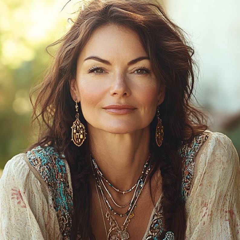 May include: A woman with long, wavy brown hair and a serene expression. She wears gold-toned earrings and a layered necklace. Her cream-colored top has colorful embroidered details. The background is softly blurred with natural light.