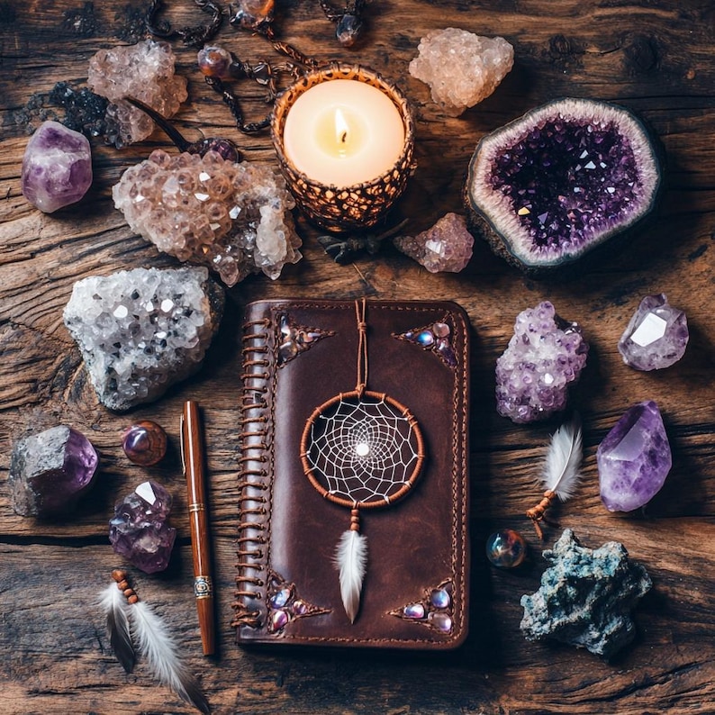 May include: A brown leather journal with a spiral binding and a dreamcatcher charm. The journal is surrounded by amethyst crystals, rose quartz, and other crystals. There is a lit candle and a pen on the table.