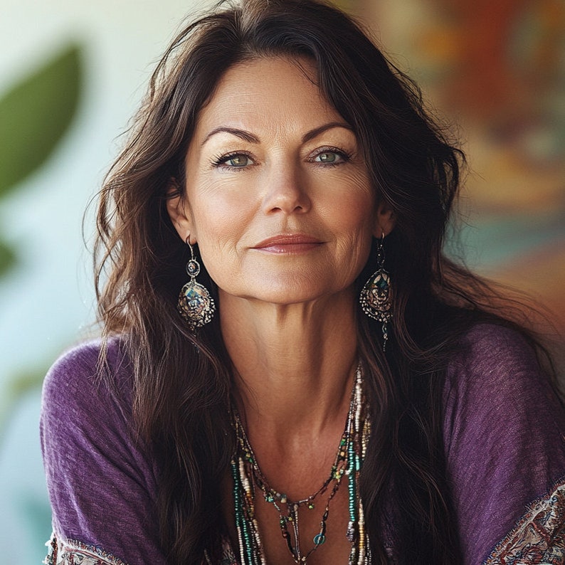 May include: A woman with long, dark brown hair and green eyes. She is wearing a purple top, ornate earrings, and a layered necklace with beads. The image is a close-up portrait, with a soft focus background.