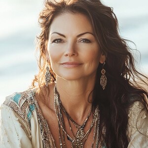 May include: A woman with long brown hair wearing a white top with a layered necklace and earrings. She is wearing a variety of necklaces, including a long beaded necklace, a shorter chain necklace, and a layered necklace with charms.