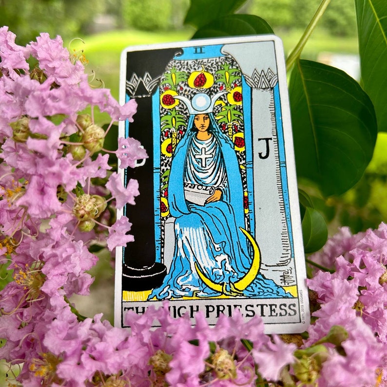 May include: The High Priestess tarot card, featuring a seated figure in blue robes, a crescent moon, and the letter "J". The card is set against a backdrop of pink flowers and green foliage, with a black and white border.