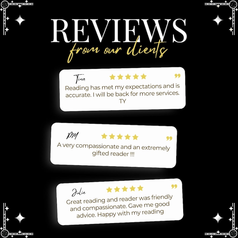 May include: Black background with white text that reads "REVIEWS from our clients." Below are three customer reviews in white boxes with gold star ratings. The reviews are from Tina, DM, and Julie.