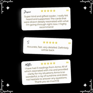 May include: Three customer reviews with five-star ratings for a tarot card reader. The reviews highlight the reader's kindness, giftedness, accuracy, and helpfulness. The reviews also mention that the reader's readings resonated deeply with the customers.
