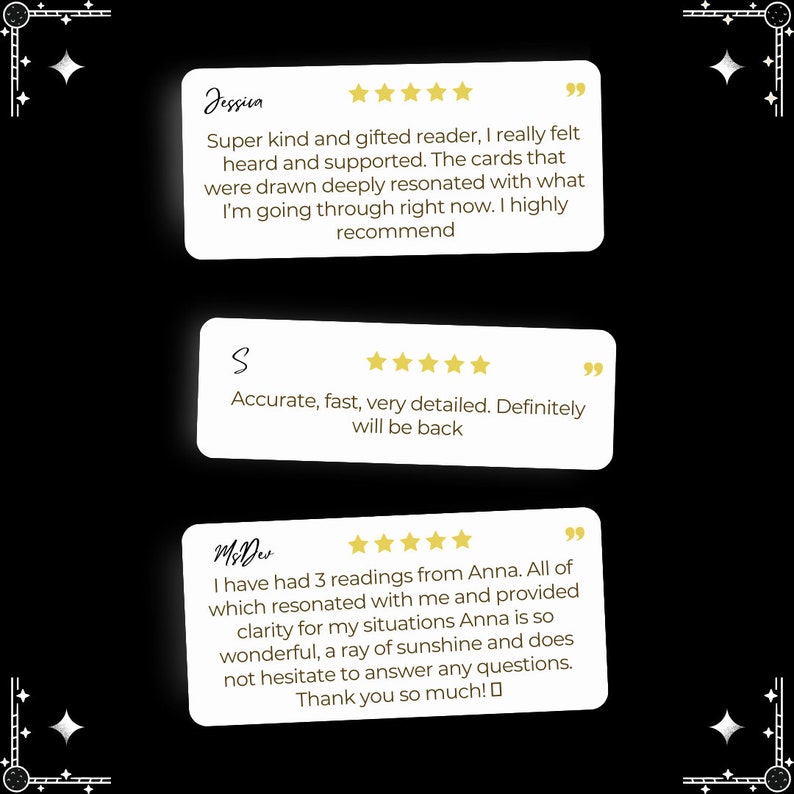 May include: Three customer reviews with five-star ratings for a tarot card reader. The reviews highlight the reader's kindness, giftedness, accuracy, and helpfulness. The reviews also mention that the reader's readings resonated deeply with the customers.