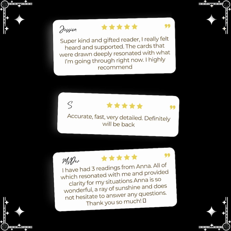 May include: Three customer reviews on white rectangular cards with rounded corners. Each card features a name, five gold stars, and a quote. The reviews praise the reader's accuracy, kindness, and ability to provide clarity.