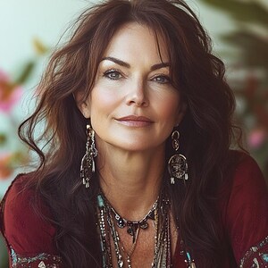 May include: A woman with long, dark brown hair wearing a maroon top with a layered necklace and large, ornate earrings.