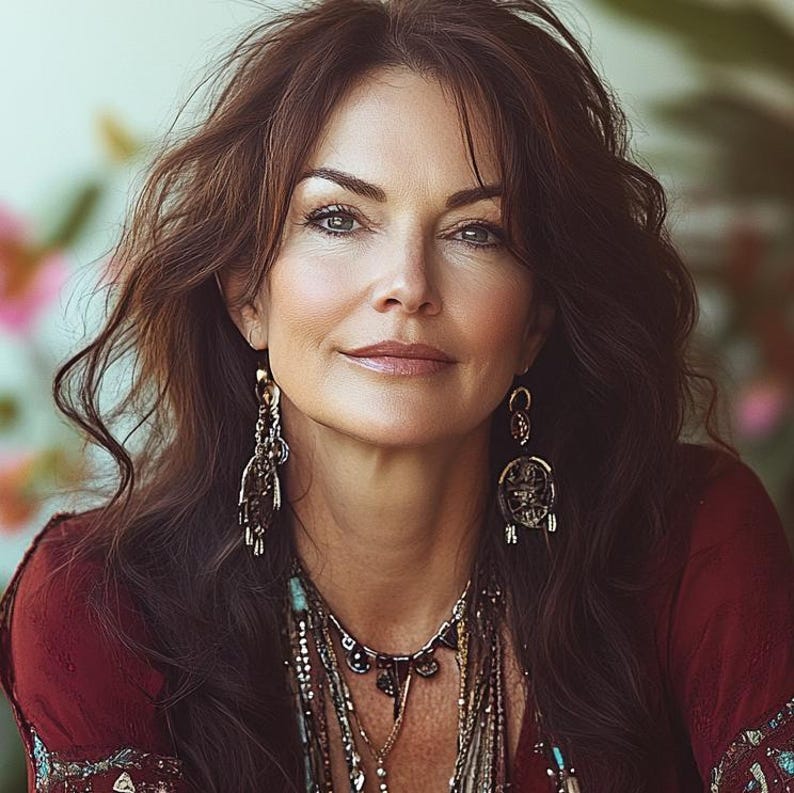 May include: A woman with long, dark brown hair wearing a maroon top with a layered necklace and large, ornate earrings.
