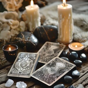 May include: A still life arrangement featuring tarot cards, lit candles, and polished black stones. The cards are illustrated with detailed black and white imagery. The scene is set on a rustic wooden surface, creating a mystical ambiance.