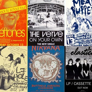 Más de 30 carteles de música rock de los años 90 raros, kit de collage de pared retro, carteles de música vintage, carteles de música rock alternativa, rock and roll, carteles grunge vanguardistas