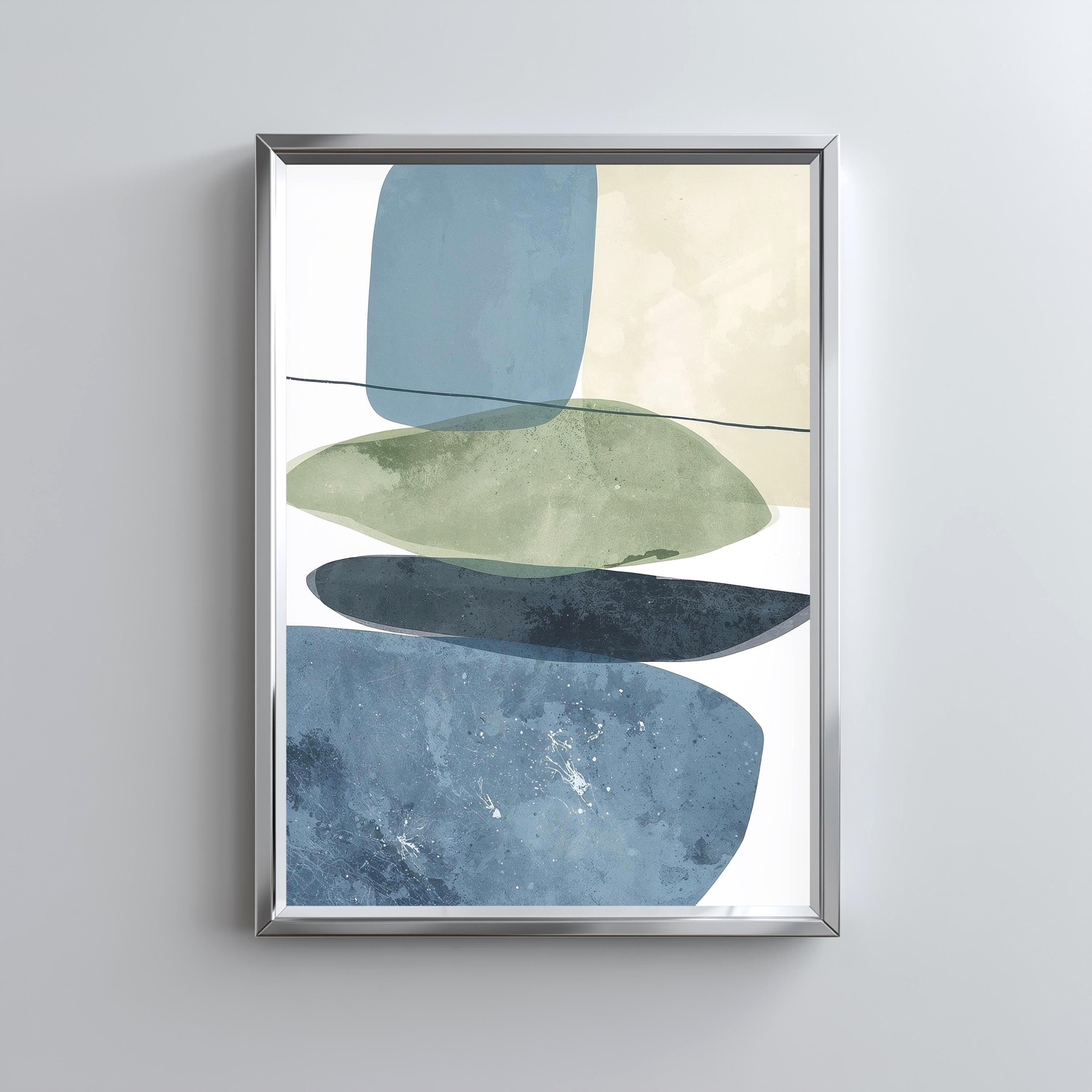 Abstract Modern Stacked Stone Wall Art Print, Blue and Sage Minimalist Artwork, Mid Century Inspired Neutral Decor