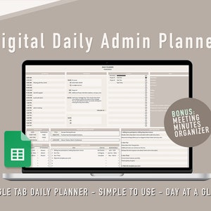 Puede incluir: Un ordenador portátil que muestra una plantilla de planificador administrativo diario digital en la pantalla. La plantilla es un planificador diario de una sola pestaña con un organizador de actas de reuniones. La plantilla es fácil de usar y proporciona una vista de un día.